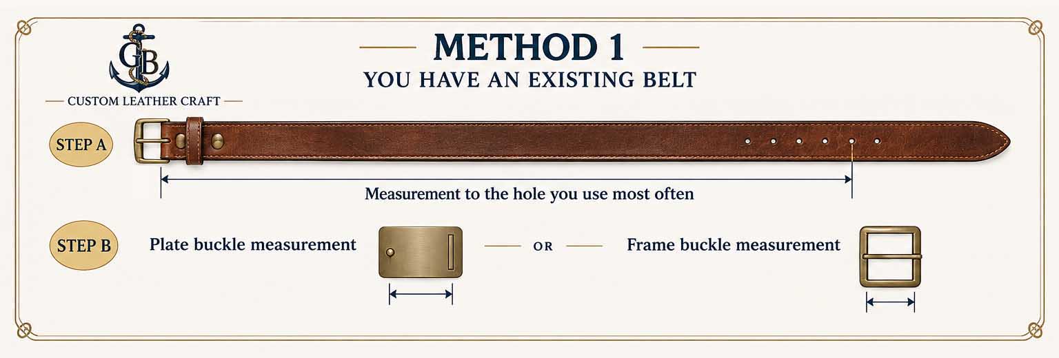 Method 1: Step A measure from the fold to the hole you use most often. Step B measure your frame buckle or plate buckle.
