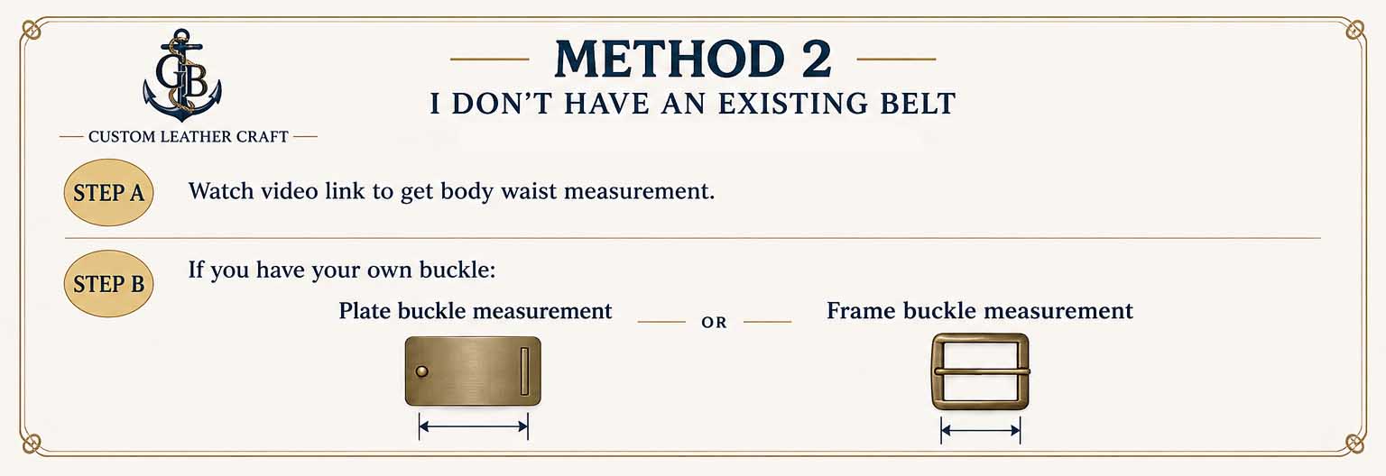 Method 2: Step A watch the video to take your body waist measurement. Step B measure your plate buckle or frame buckle.